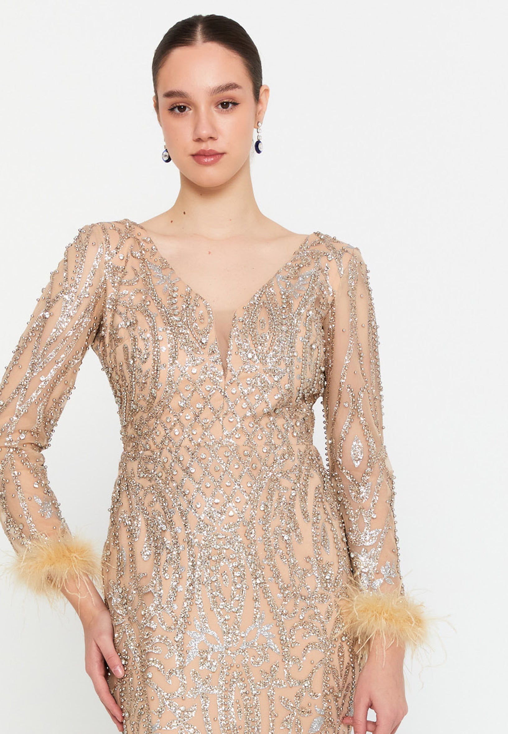 Long Sleeve Maxi Tulle Mermaid Regular Wedding Guest Dress lns3831 - Wedding Guest Dress - Istanbul Fashion Center