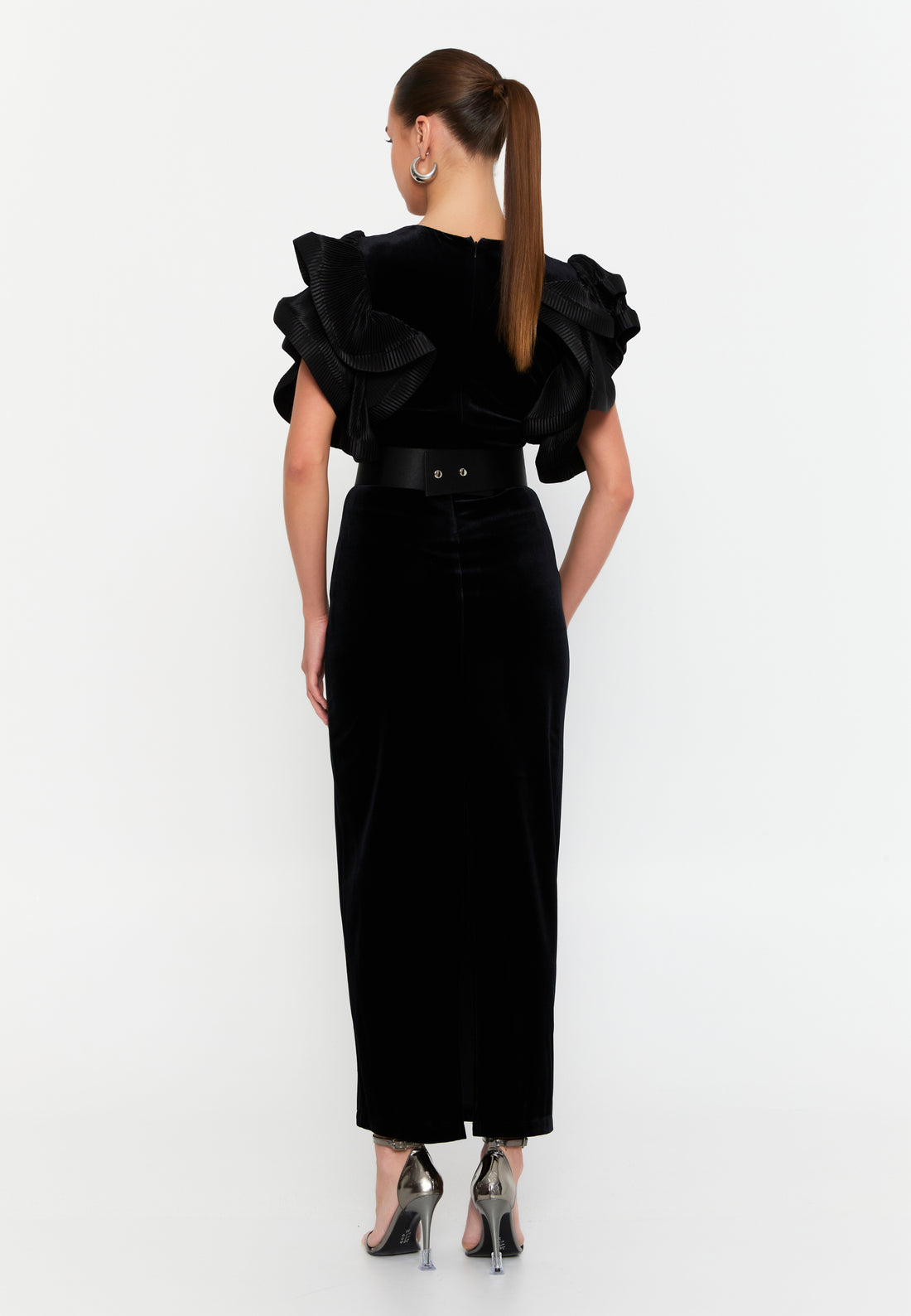 Short Sleeve Midi Velvet Column Regular Evening Dress opr2060