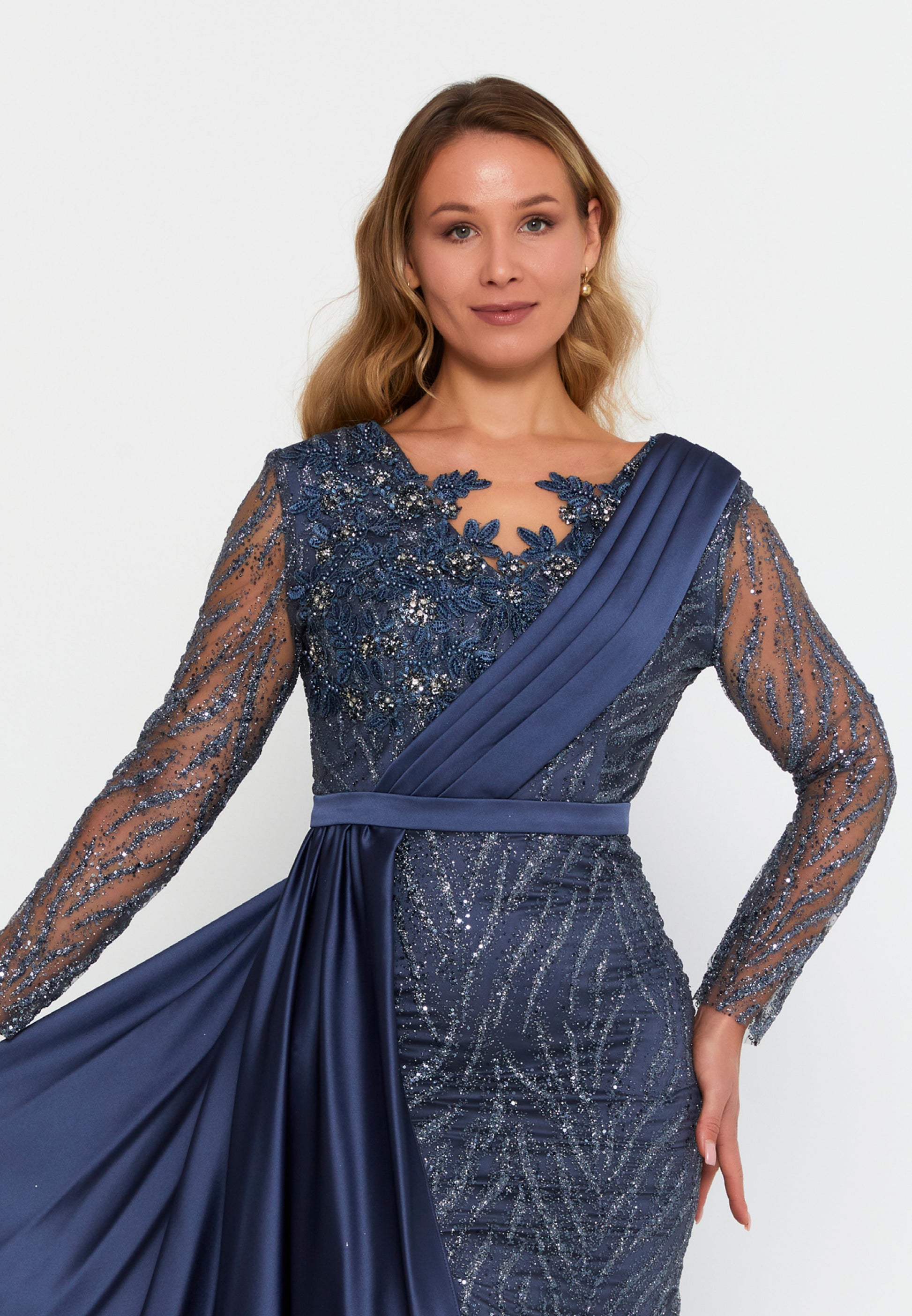 Long Sleeve Maxi Sequin Mermaid Plus Size Wedding Guest Dress viv8182-b - Wedding Guest Dress - Istanbul Fashion Center