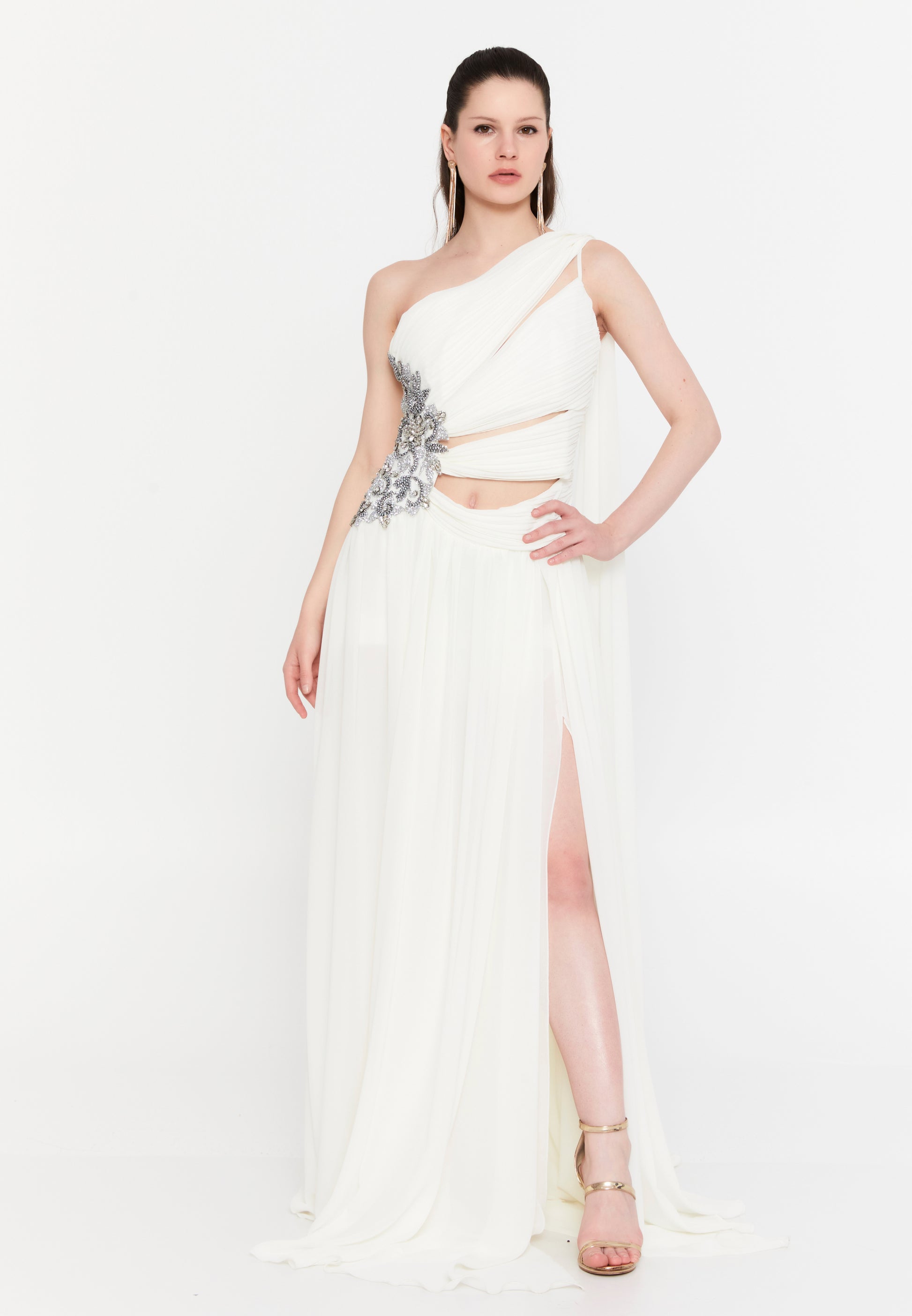 One Shoulder Maxi Chiffon Column Regular Wedding Guest Dress aln1824 - Wedding Guest Dress - Istanbul Fashion Center
