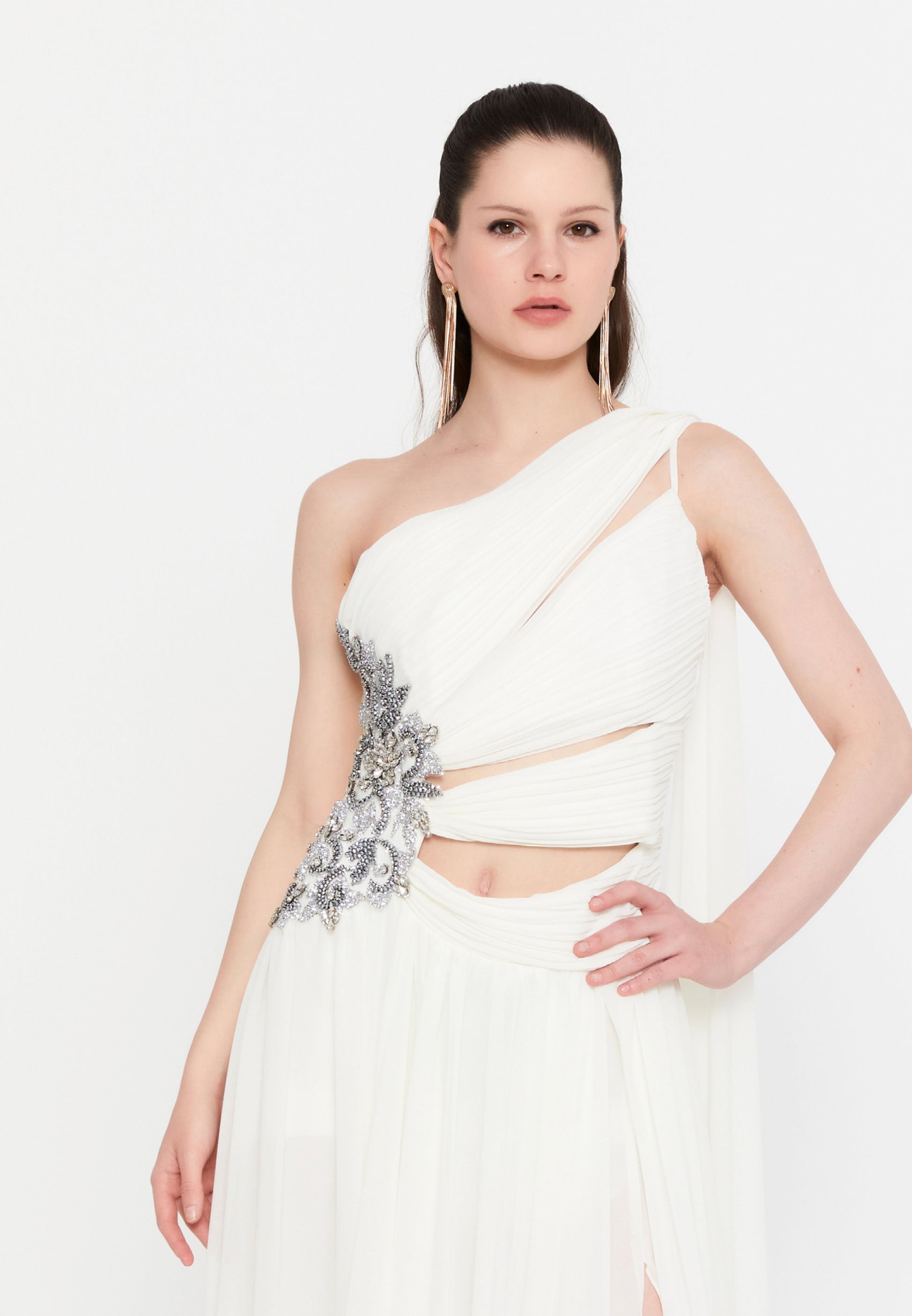 One Shoulder Maxi Chiffon Column Regular Wedding Guest Dress aln1824 - Wedding Guest Dress - Istanbul Fashion Center