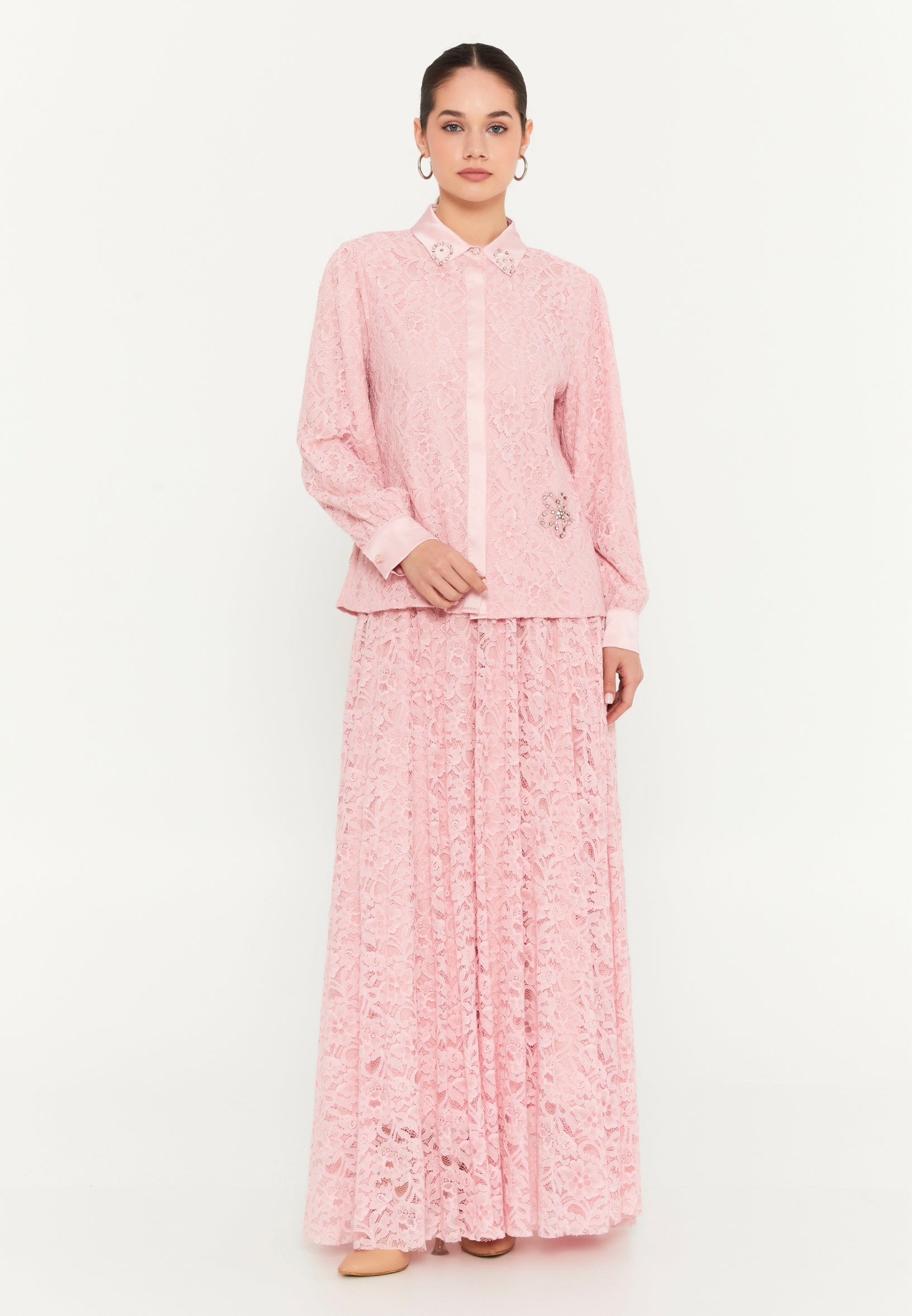 Long Sleeve Lace Solid Color Regular Two-Piece Outfit shs3168 - Two-Piece Outfit - Istanbul Fashion Center