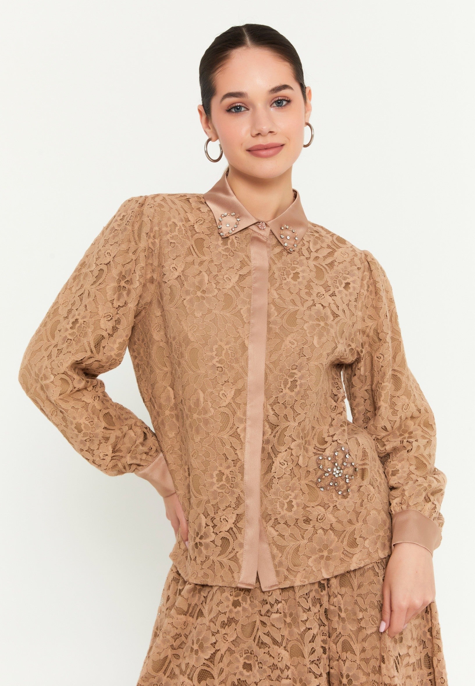Long Sleeve Lace Solid Color Regular Two-Piece Outfit shs3168 - Two-Piece Outfit - Istanbul Fashion Center