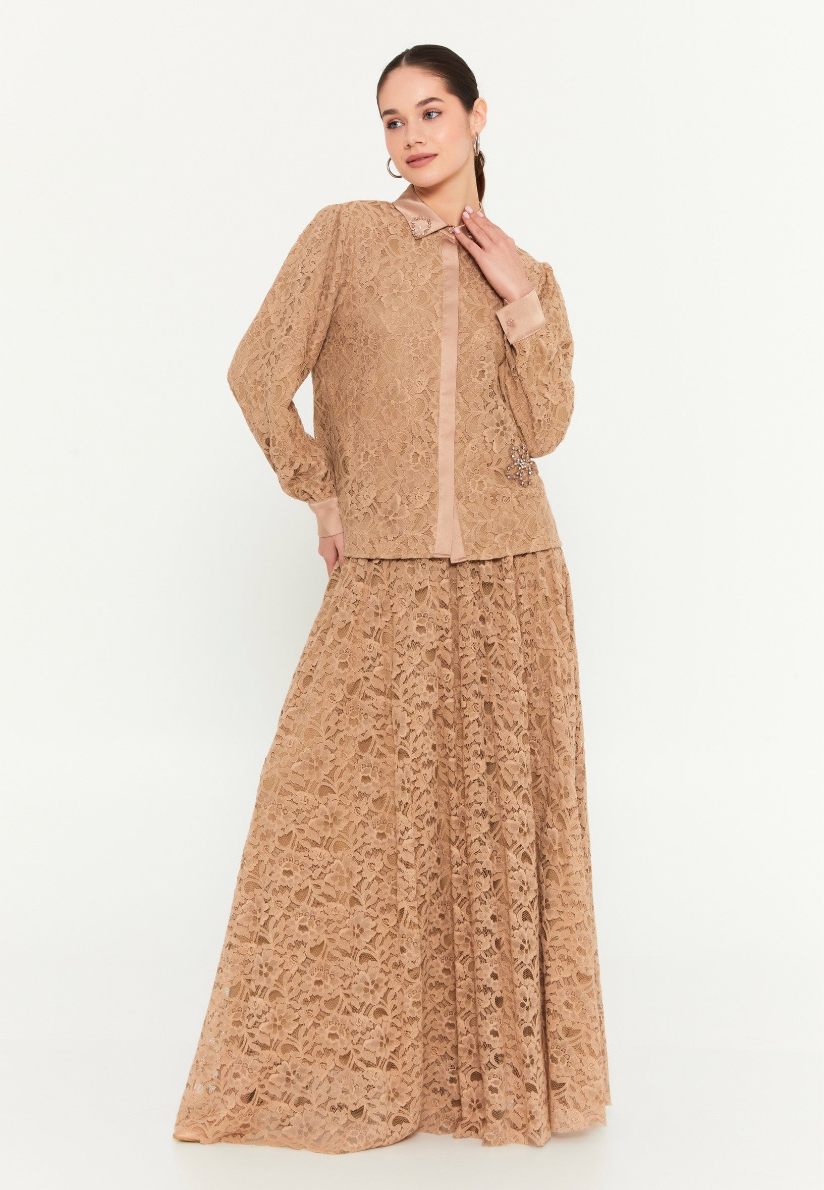 Long Sleeve Lace Solid Color Regular Two-Piece Outfit shs3168 - Two-Piece Outfit - Istanbul Fashion Center