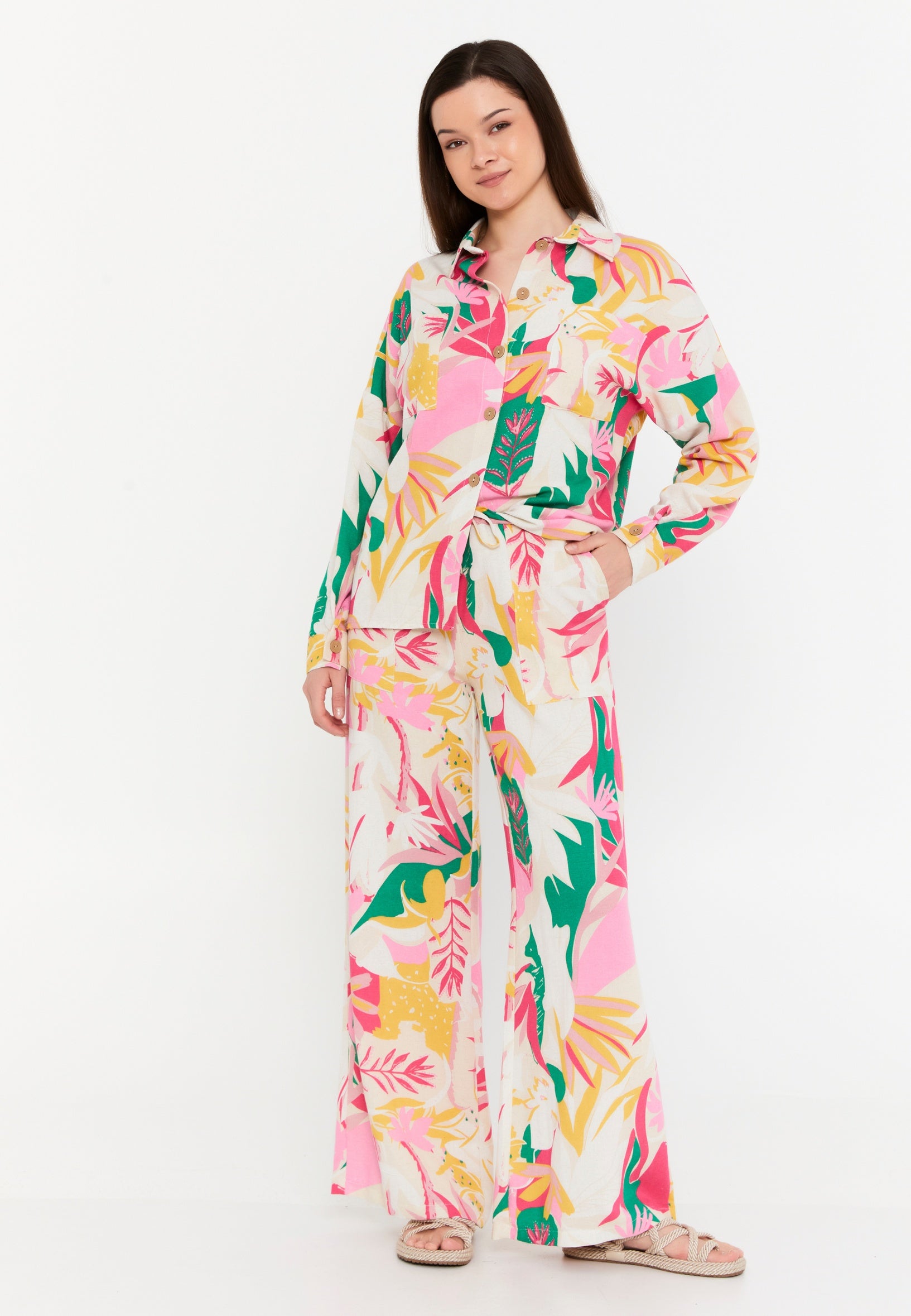 Long Sleeve Linen Floral Regular Two-Piece Outfit msn3302 - Two-Piece Outfit - Istanbul Fashion Center