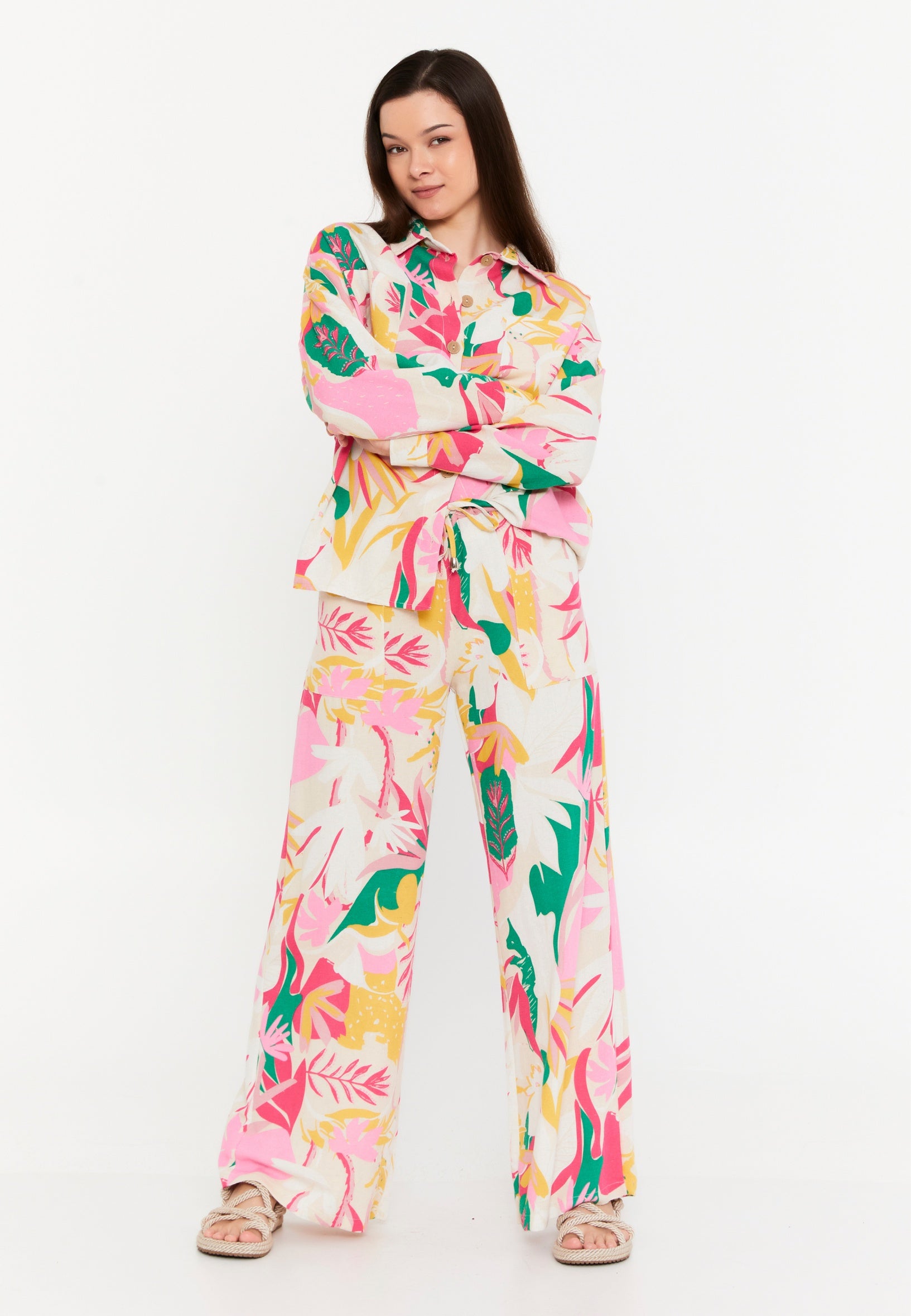 Long Sleeve Linen Floral Regular Two-Piece Outfit msn3302 - Two-Piece Outfit - Istanbul Fashion Center