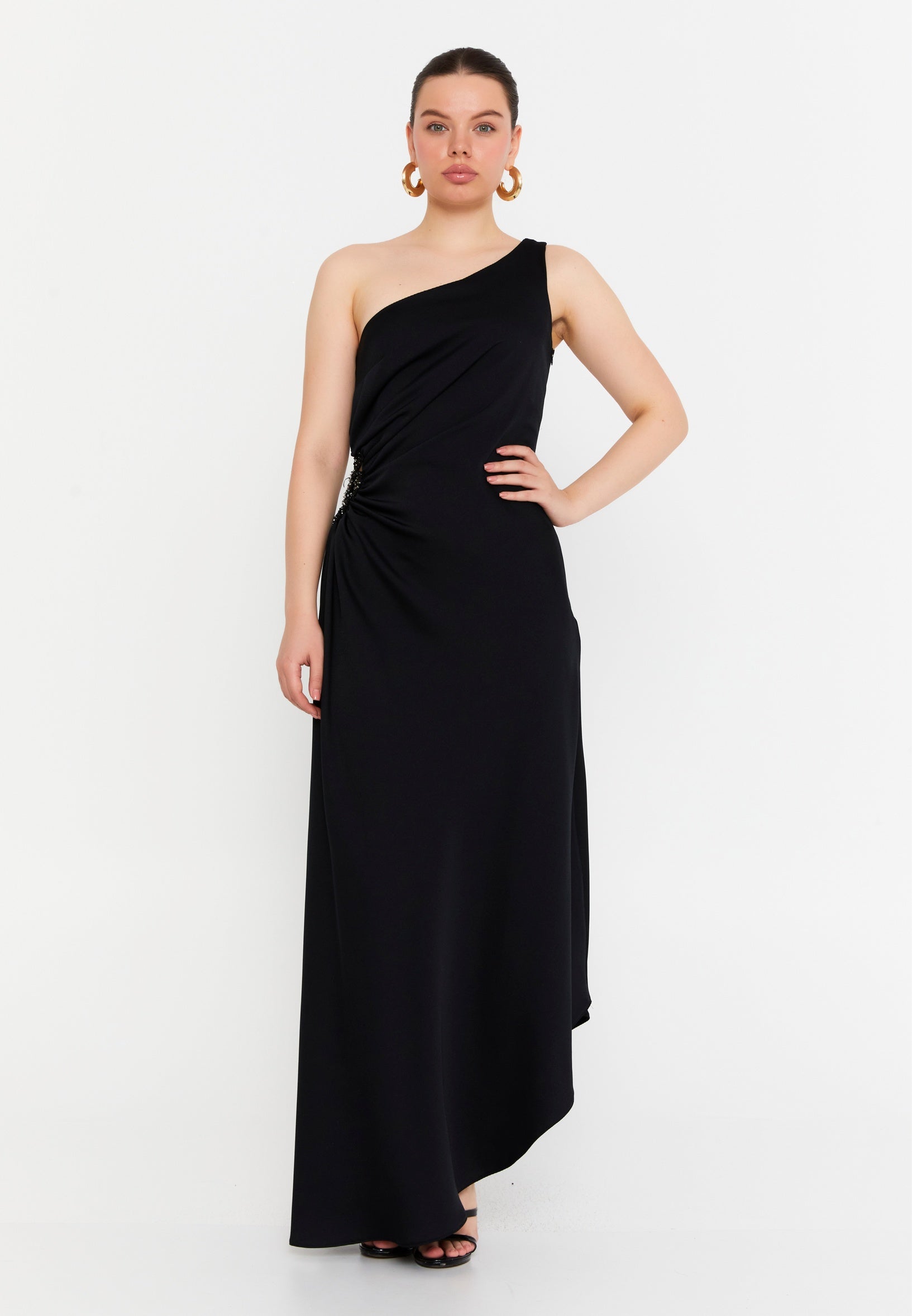 One Shoulder Maxi Polyester Column Regular Evening Dress ris2445 - Evening Dress - Istanbul Fashion Center