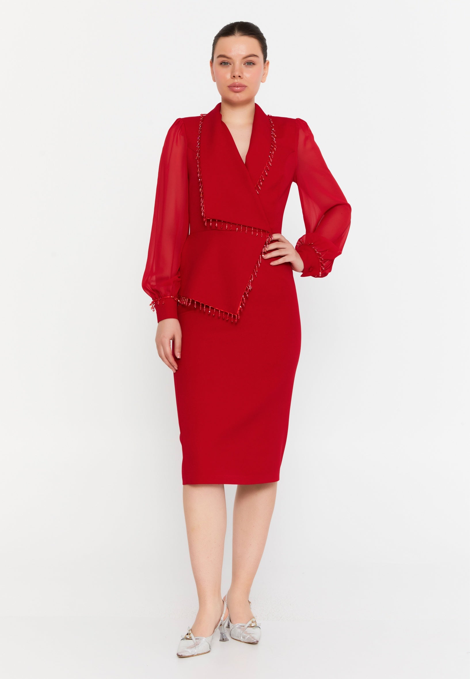 Long Sleeve Midi Polyester Column Regular Evening Dress ris2428 - Evening Dress - Istanbul Fashion Center