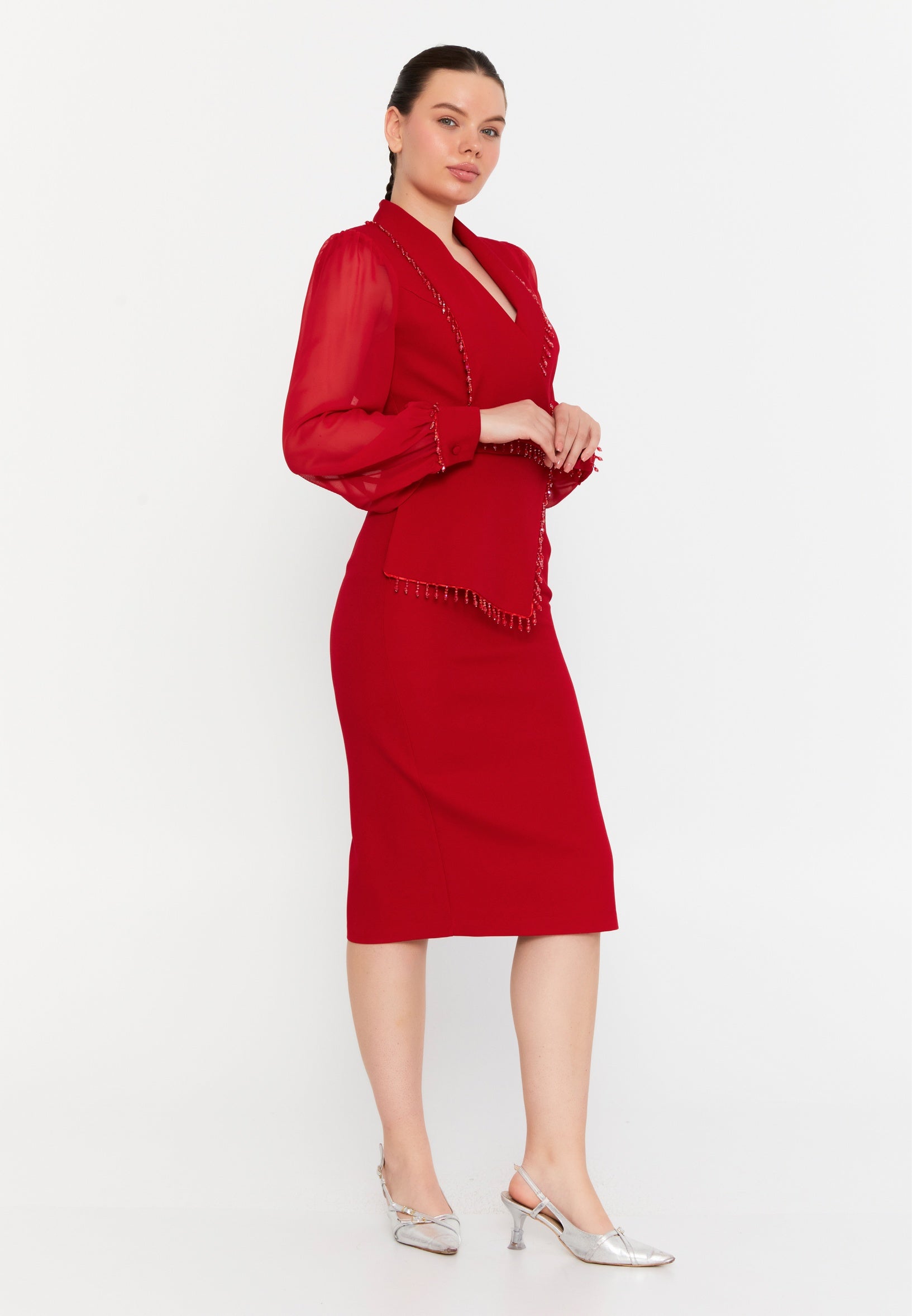 Long Sleeve Midi Polyester Column Regular Evening Dress ris2428 - Evening Dress - Istanbul Fashion Center