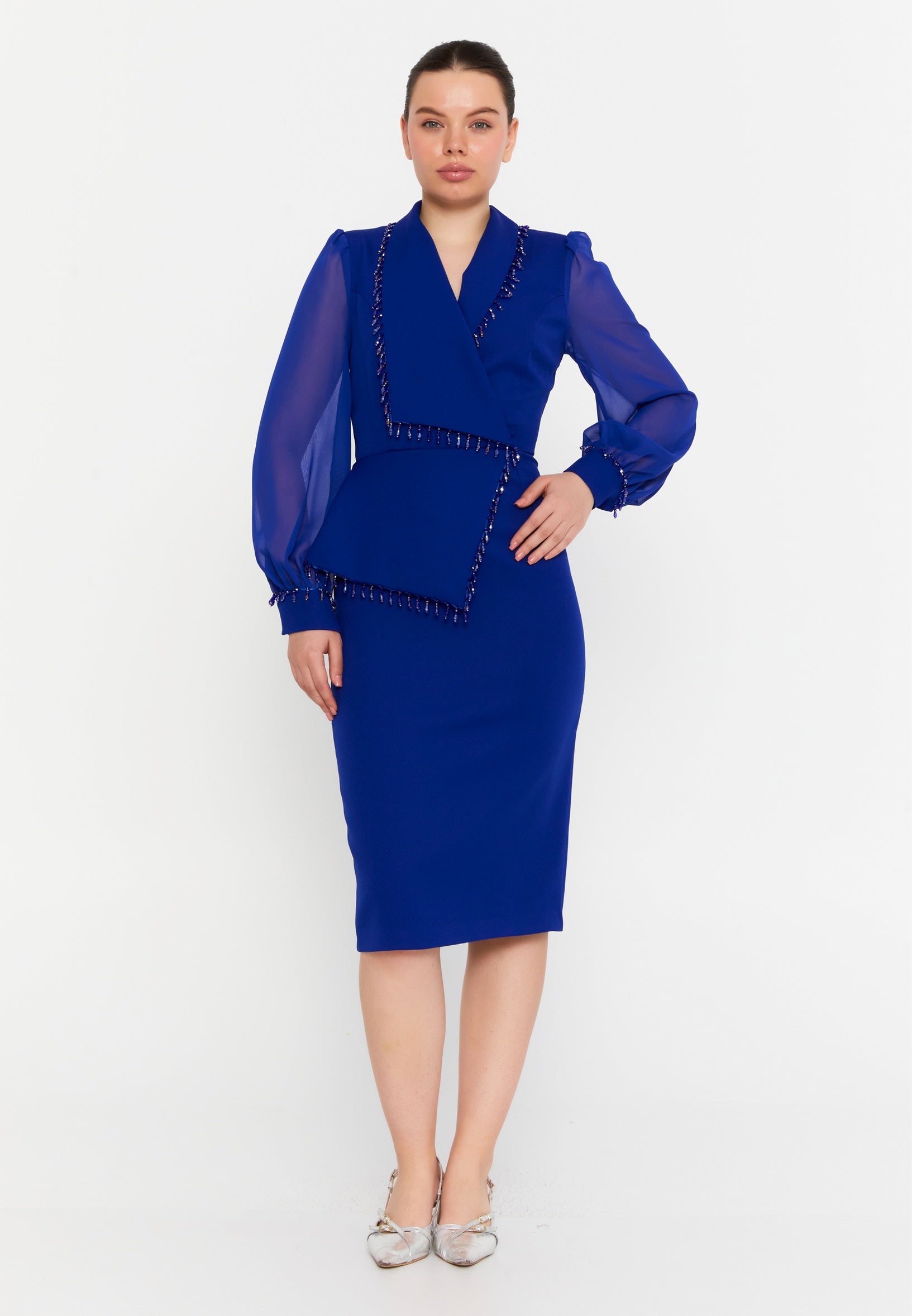 Long Sleeve Midi Polyester Column Regular Evening Dress ris2428 - Evening Dress - Istanbul Fashion Center