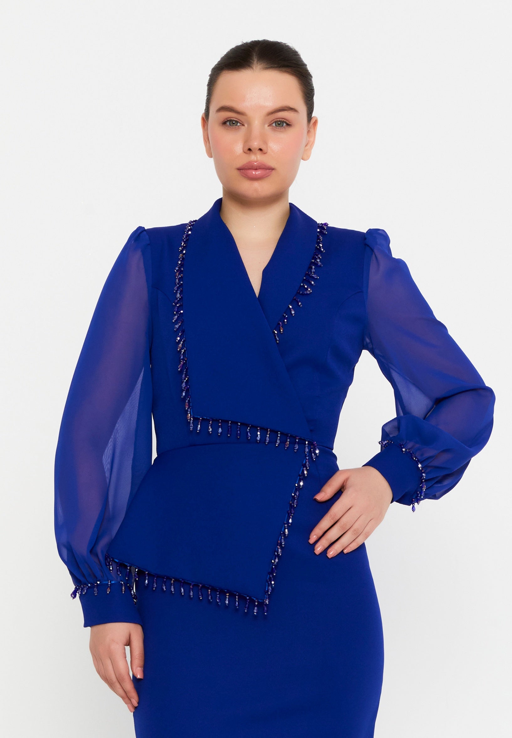 Long Sleeve Midi Polyester Column Regular Evening Dress ris2428 - Evening Dress - Istanbul Fashion Center