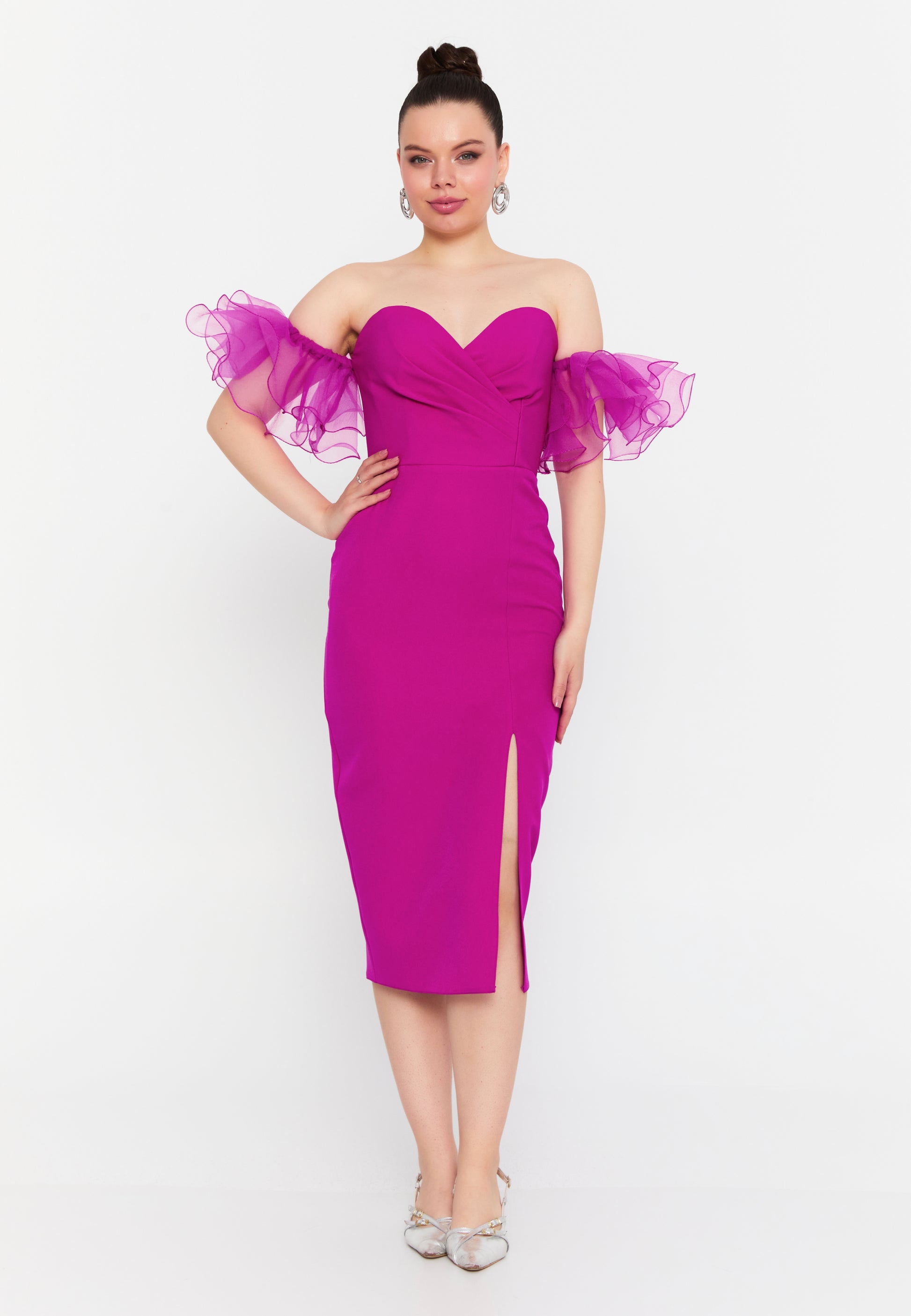 Off Shoulder Midi Viscose Column Regular Evening Dress ssb2346 - Evening Dress - Istanbul Fashion Center