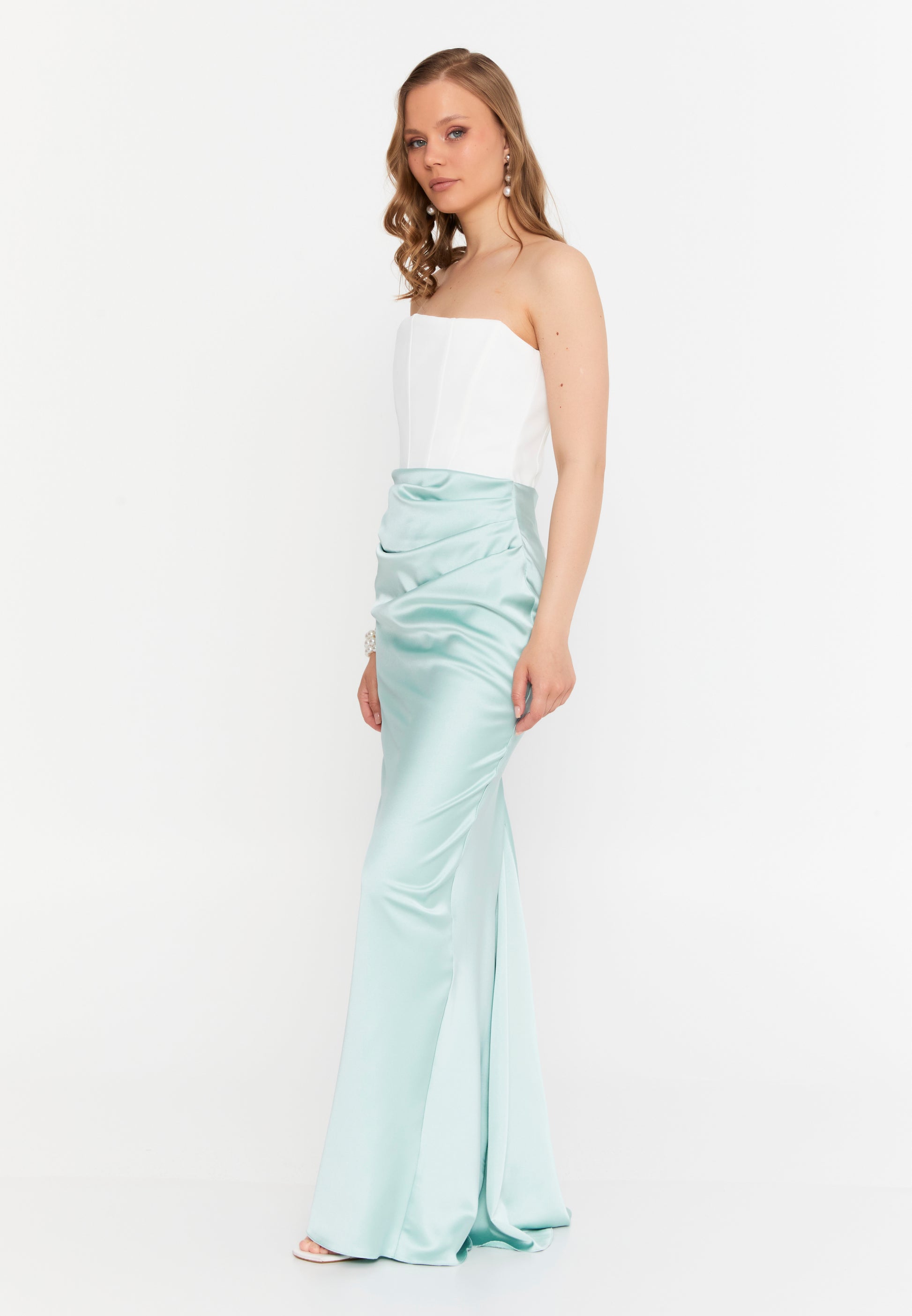 Strapless Maxi Satin Mermaid Regular Wedding Guest Dress ale2386 - Wedding Guest Dress - Istanbul Fashion Center