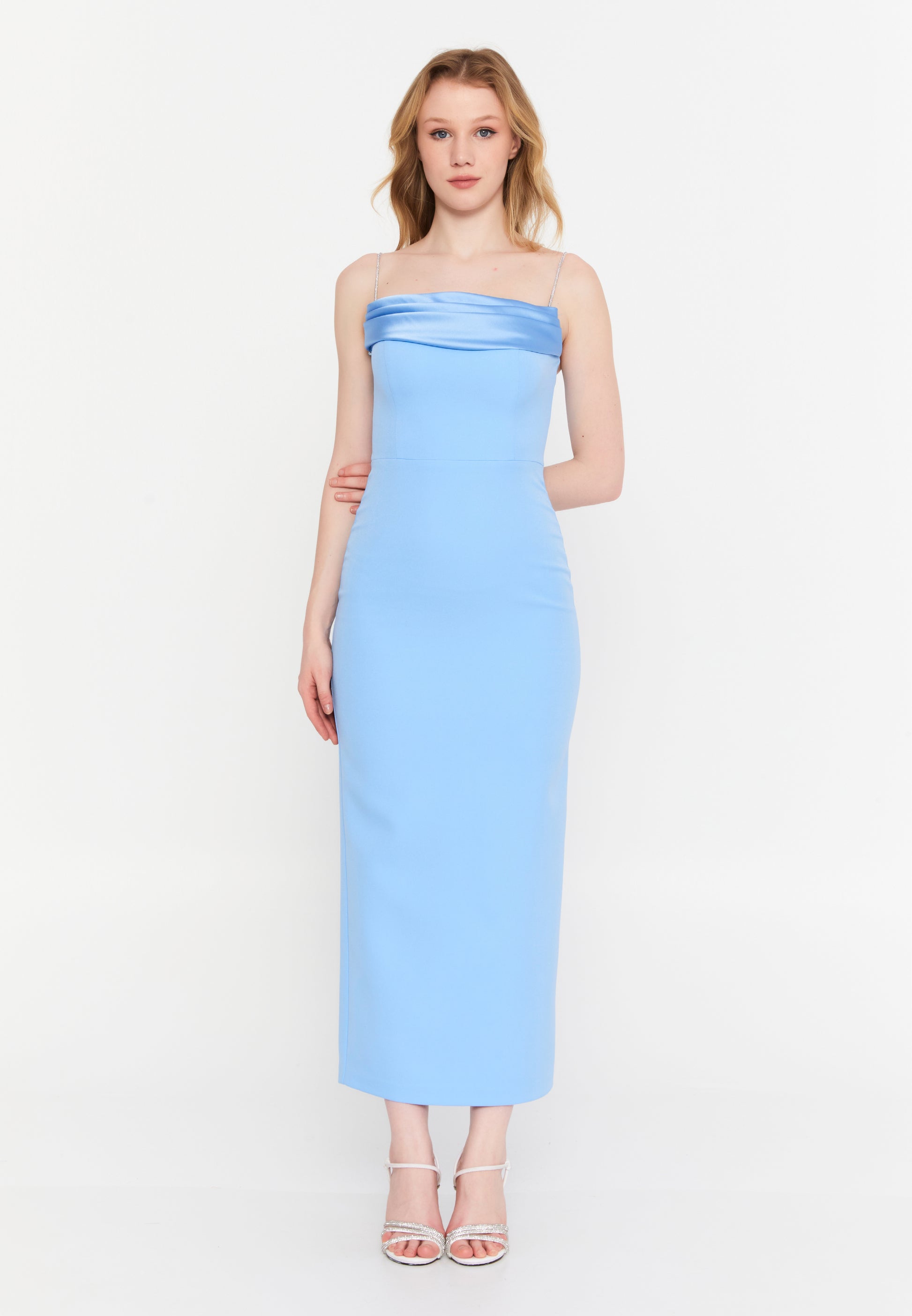 Sleeveless Midi Crepe Column Regular Evening Dress ale2420 - Evening Dress - Istanbul Fashion Center