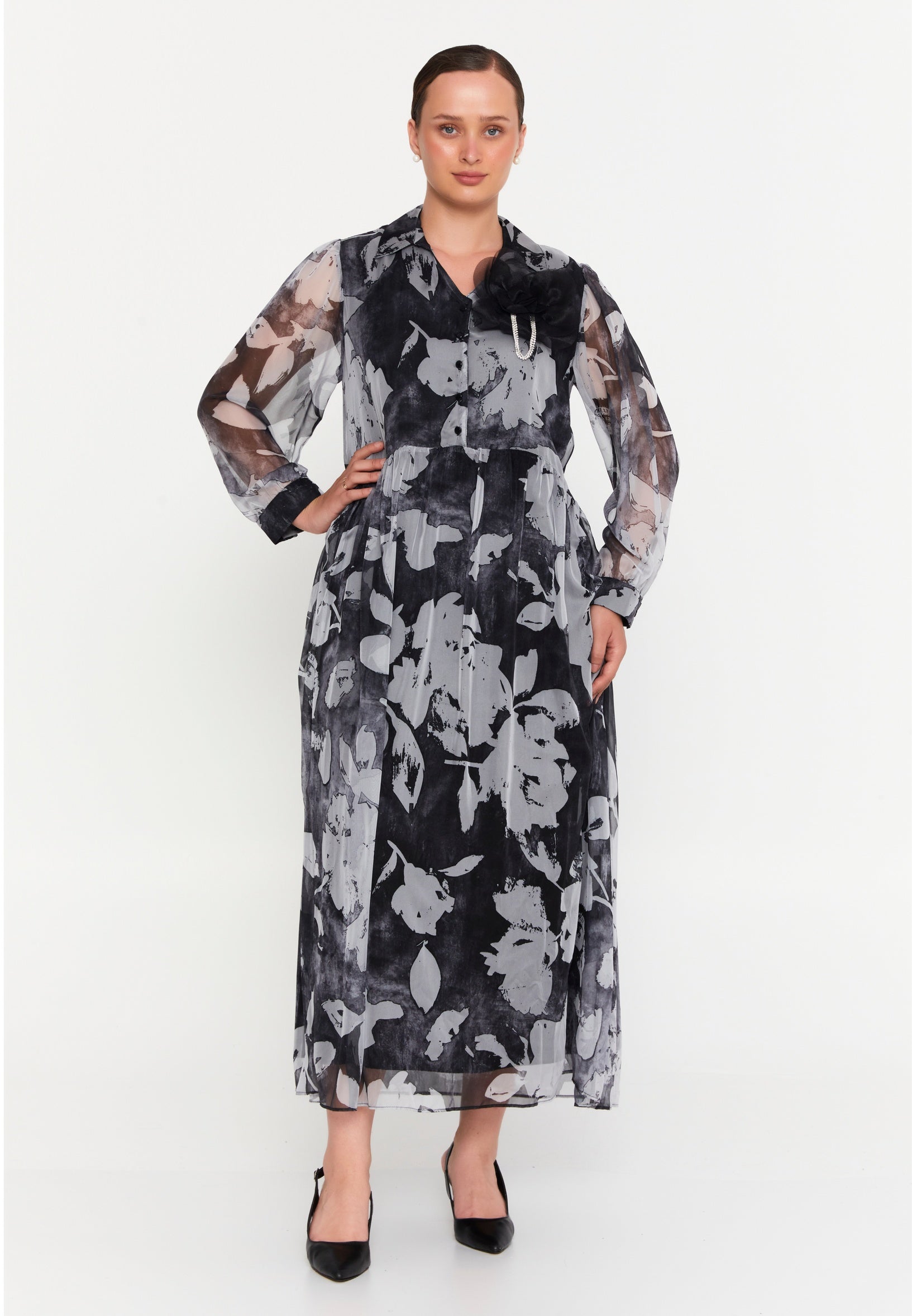Long Sleeve Maxi Chiffon Column Plus Size Casual Dress tss7873 - Casual Dress - Istanbul Fashion Center