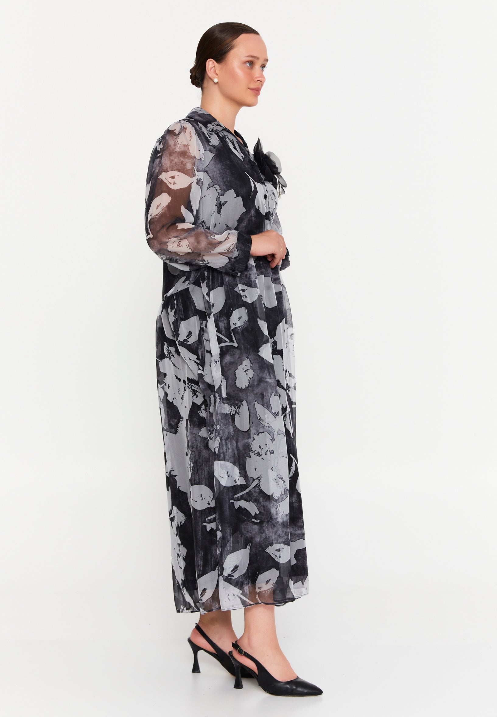 Long Sleeve Maxi Chiffon Column Plus Size Casual Dress tss7873 - Casual Dress - Istanbul Fashion Center