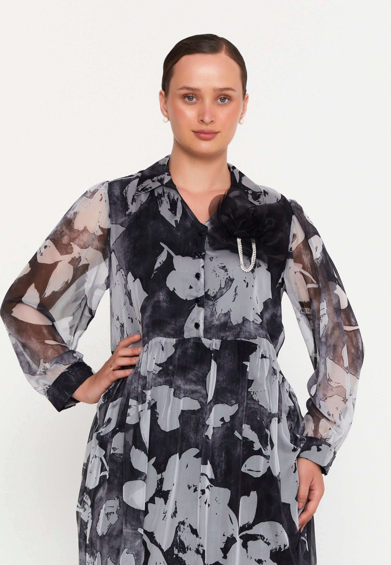 Long Sleeve Maxi Chiffon Column Plus Size Casual Dress tss7873 - Casual Dress - Istanbul Fashion Center