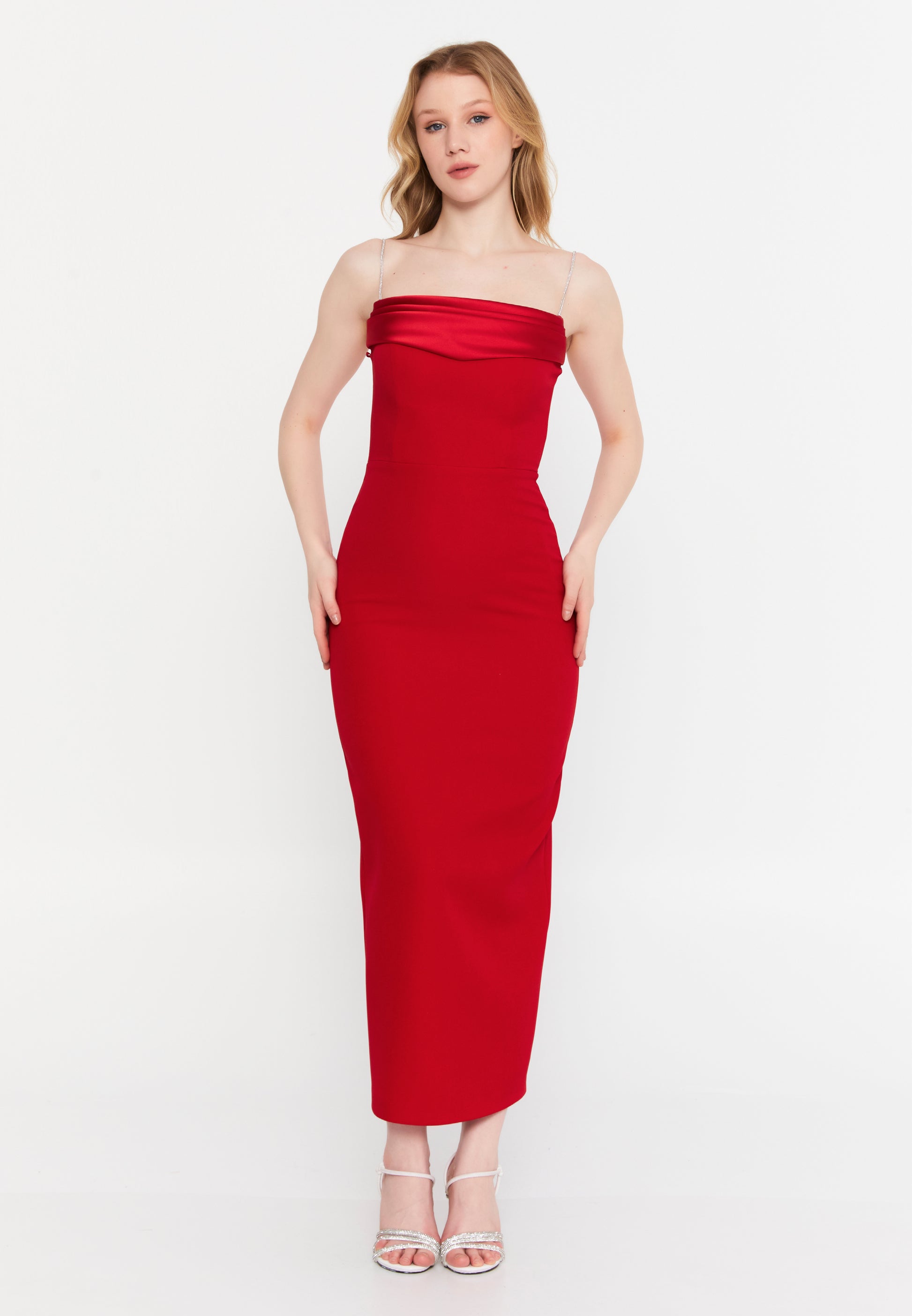 Sleeveless Midi Crepe Column Regular Evening Dress ale2420 - Evening Dress - Istanbul Fashion Center
