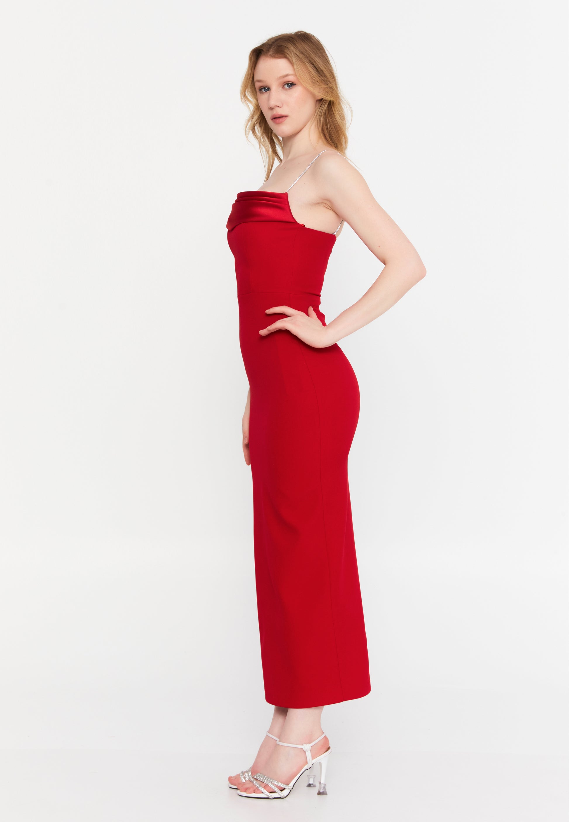 Sleeveless Midi Crepe Column Regular Evening Dress ale2420 - Evening Dress - Istanbul Fashion Center